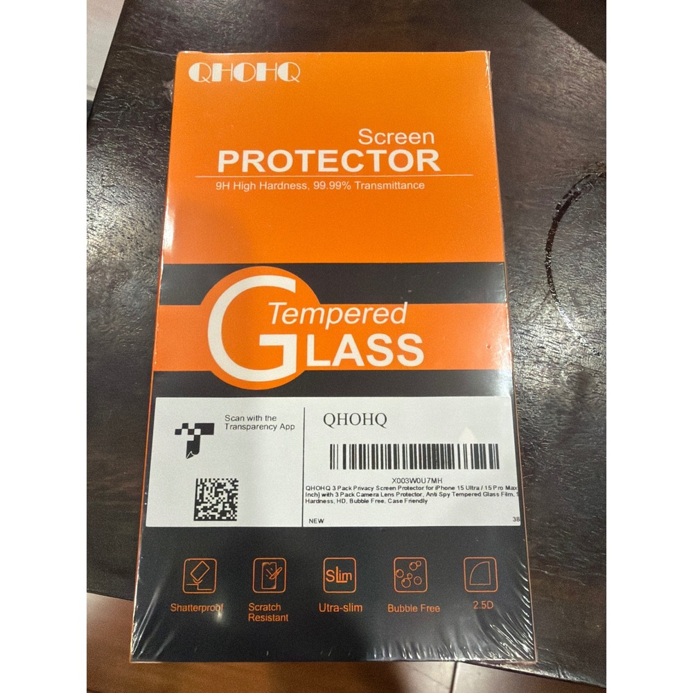 QHOHQ Screen Protector iPhone 15 Pro Max Ultra Privacy Glass 3 Pack‎ 3 Lens New